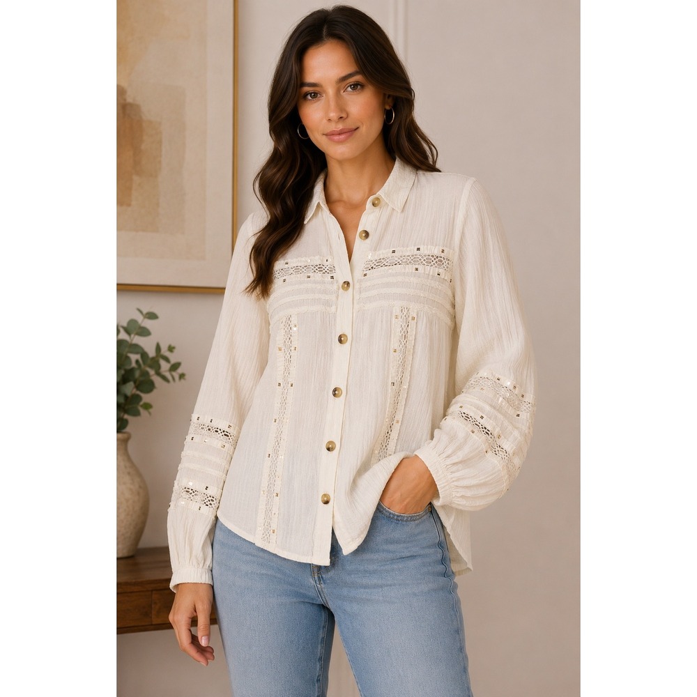 Free People White Crochet Lace Sequin Gauze Button Down Blouse XS Boho Top